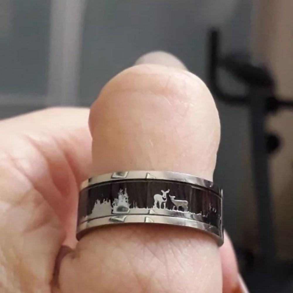 ❤️032❤️ 8mm Antler Tungsten Ring Elks in Forest Silver Mens Wedding Band - Picture 5 of 9
